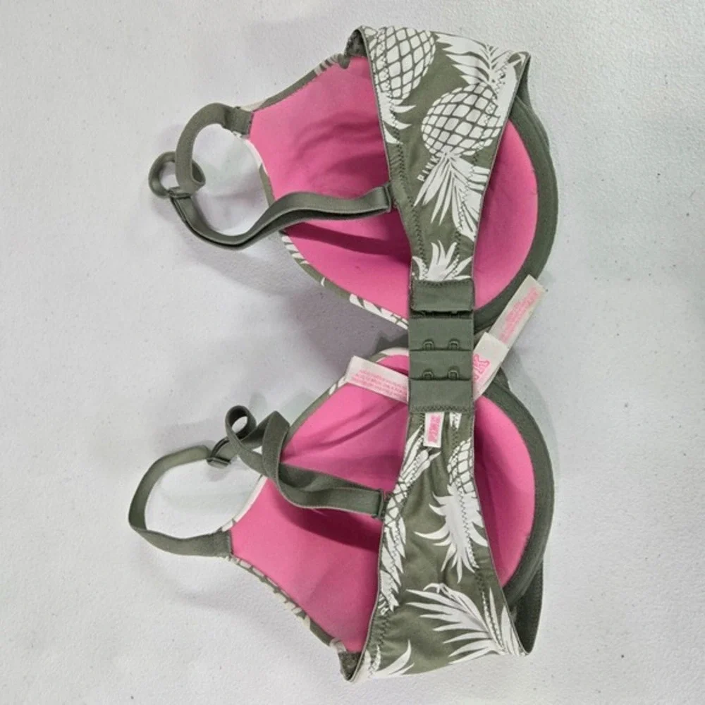 Victoria Secret PINK Women Bra 32DD Green T Shirt Lightly Lined Pineapple‎
